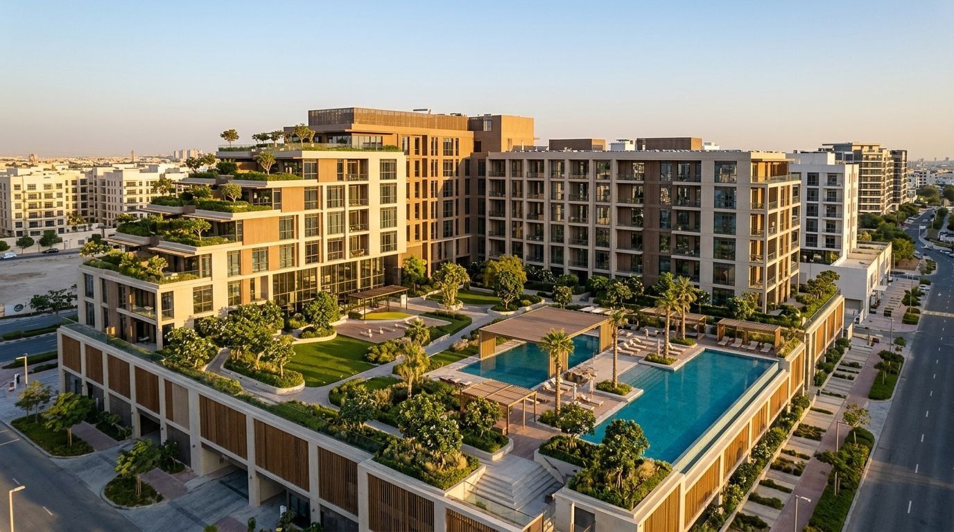 Inspirowany naturą budynek Terrazzo Residences z zielenią w Jumeirah Village Circle o zachodzie słońca