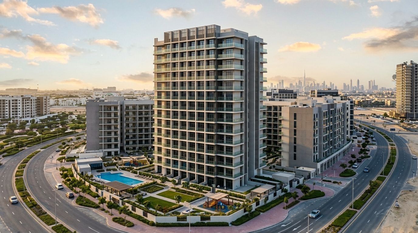 Lotniczy widok nowoczesnego budynku AG Square w Dubailand Residence Complex o zachodzie słońca