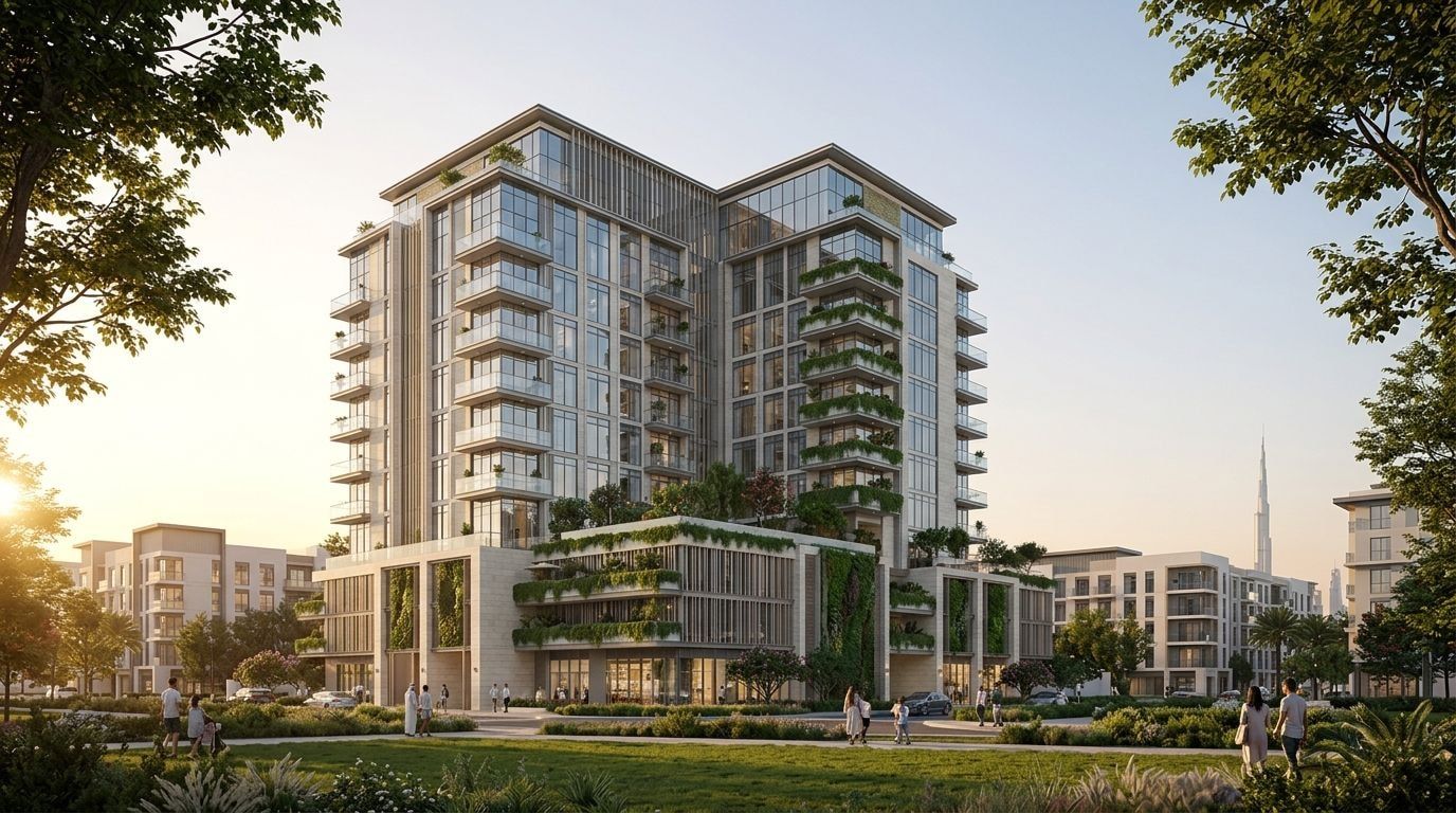 Elegancki apartamentowiec The Regent Residences z zielenią wokół o zachodzie słońca
