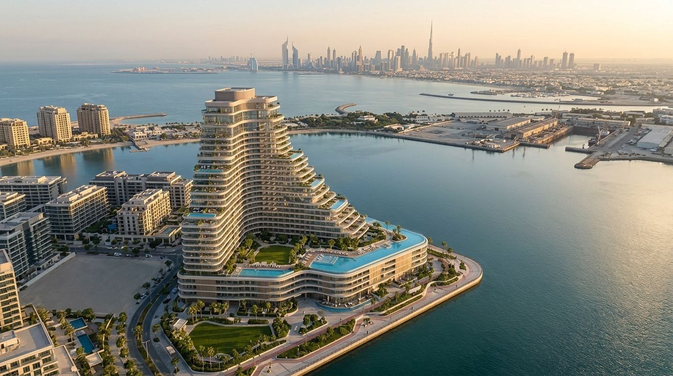Nadmorska wieża Sensia na Dubai Maritime City o zachodzie słońca