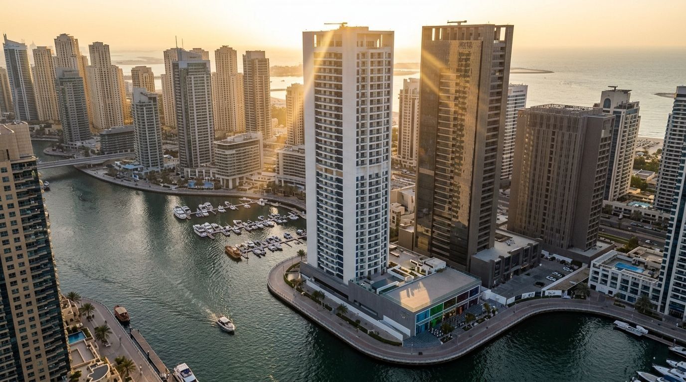Lotniczy widok smukłej wieży Studio One na skraju Dubai Marina o zachodzie słońca