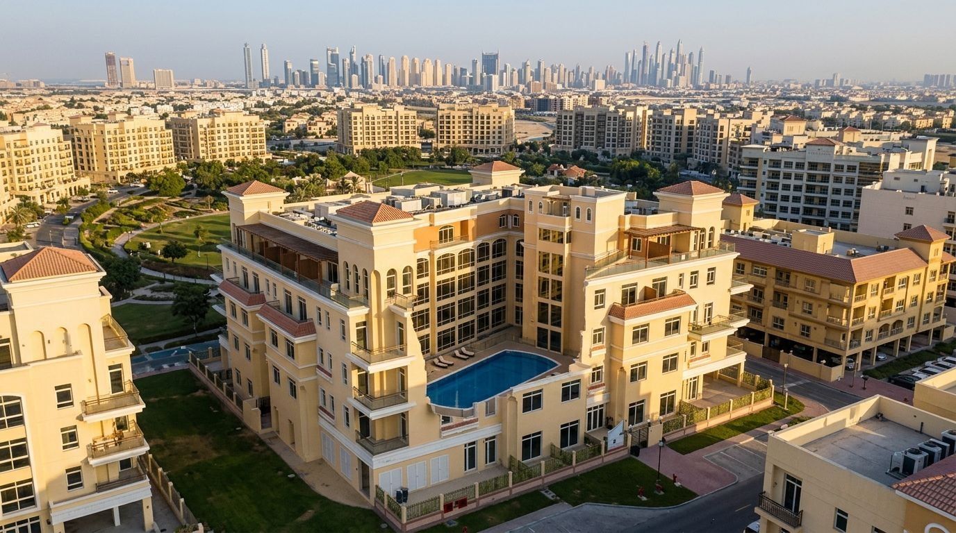 Kameralny budynek Astoria Residence w Jumeirah Village Circle o zachodzie słońca