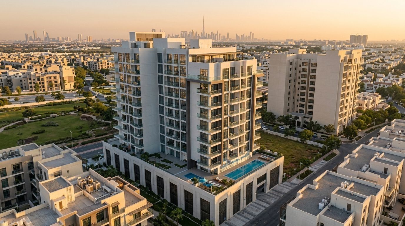 Nowoczesny budynek Avenue Residence 6 z penthouse'ami w Al Furjan o zachodzie słońca