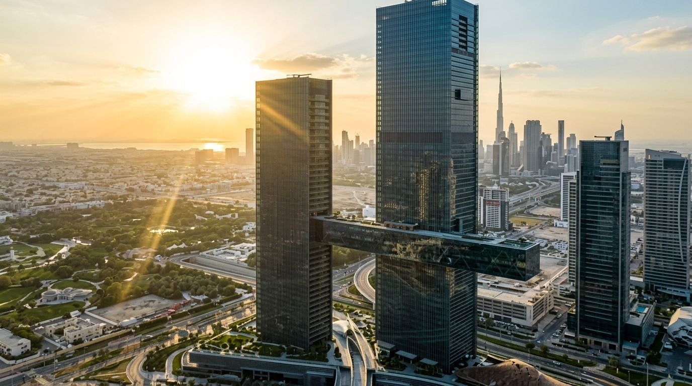 Lotniczy widok bliźniaczych wież One Za'abeel spiętych panoramicznym mostem nad centrum Dubaju o zachodzie słońca