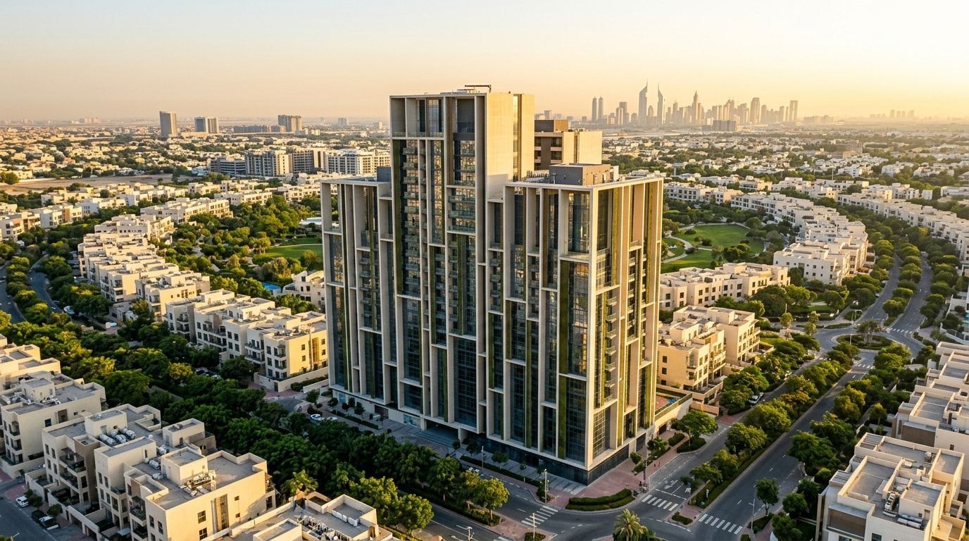 Lotniczy widok wieży Neva Residences w JVC wśród zieleni o zachodzie słońca