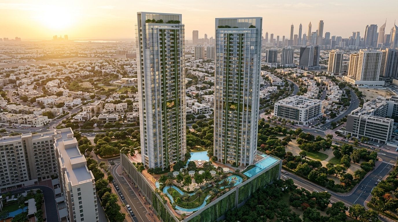 Bliźniacze zielone wieże Maimoon Gardens w Jumeirah Village Circle o zachodzie słońca