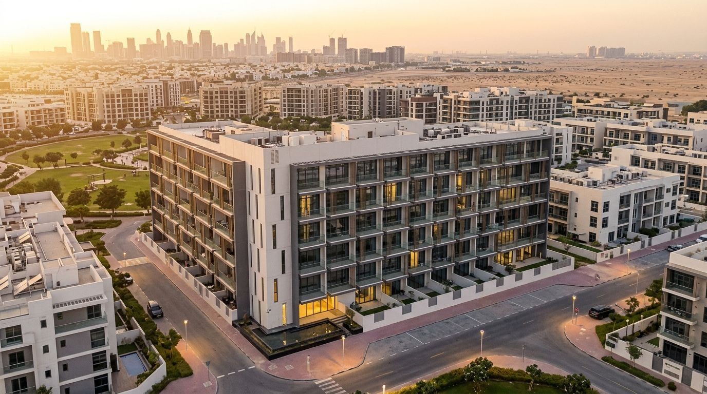 Nowoczesny budynek apartamentowy The Residence w Jumeirah Village Circle o zachodzie słońca