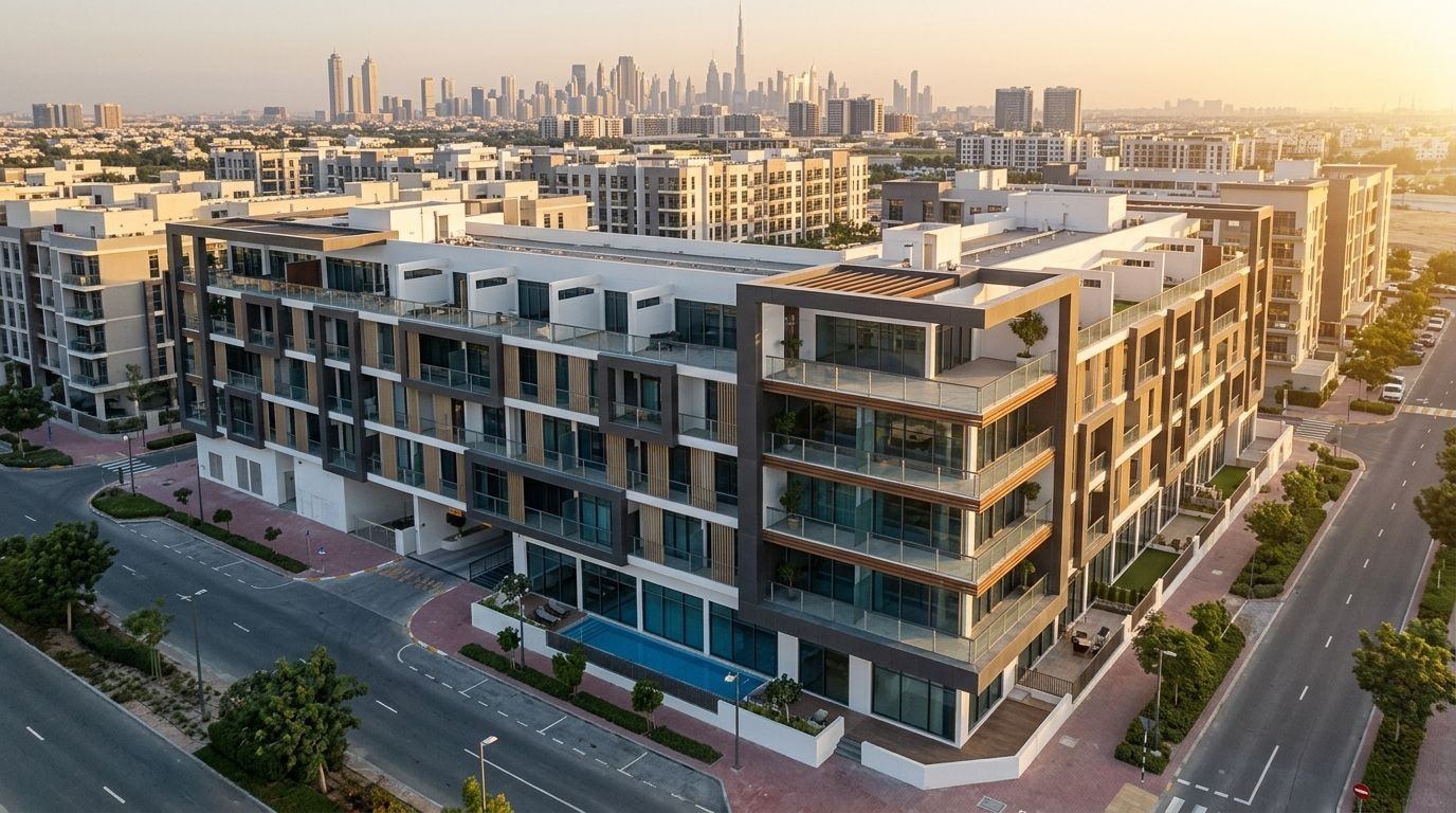 Butikowy budynek Nicholas Residence w Jumeirah Village Circle o zachodzie słońca