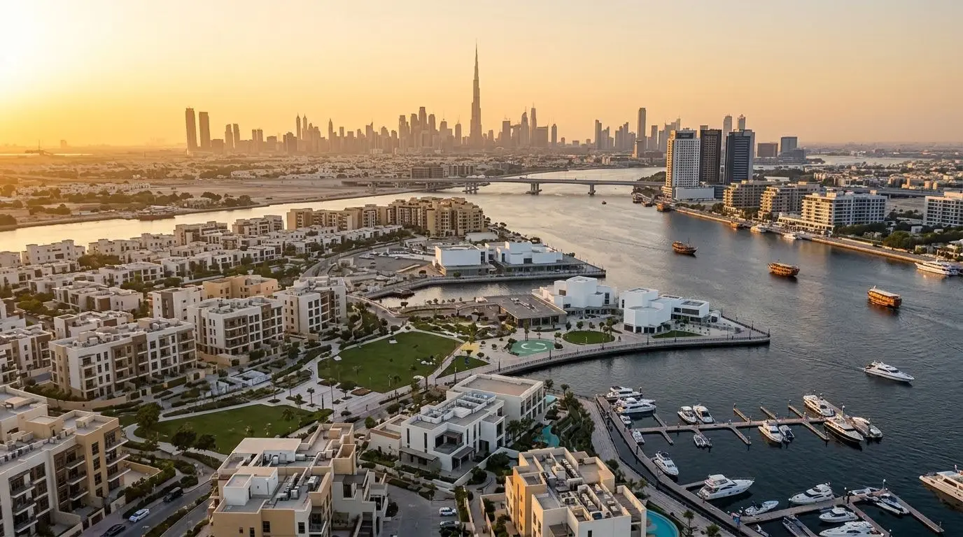 Nadwodna dzielnica Jaddaf Waterfront nad Dubai Creek o zachodzie słońca, ujęcie z lotu ptaka