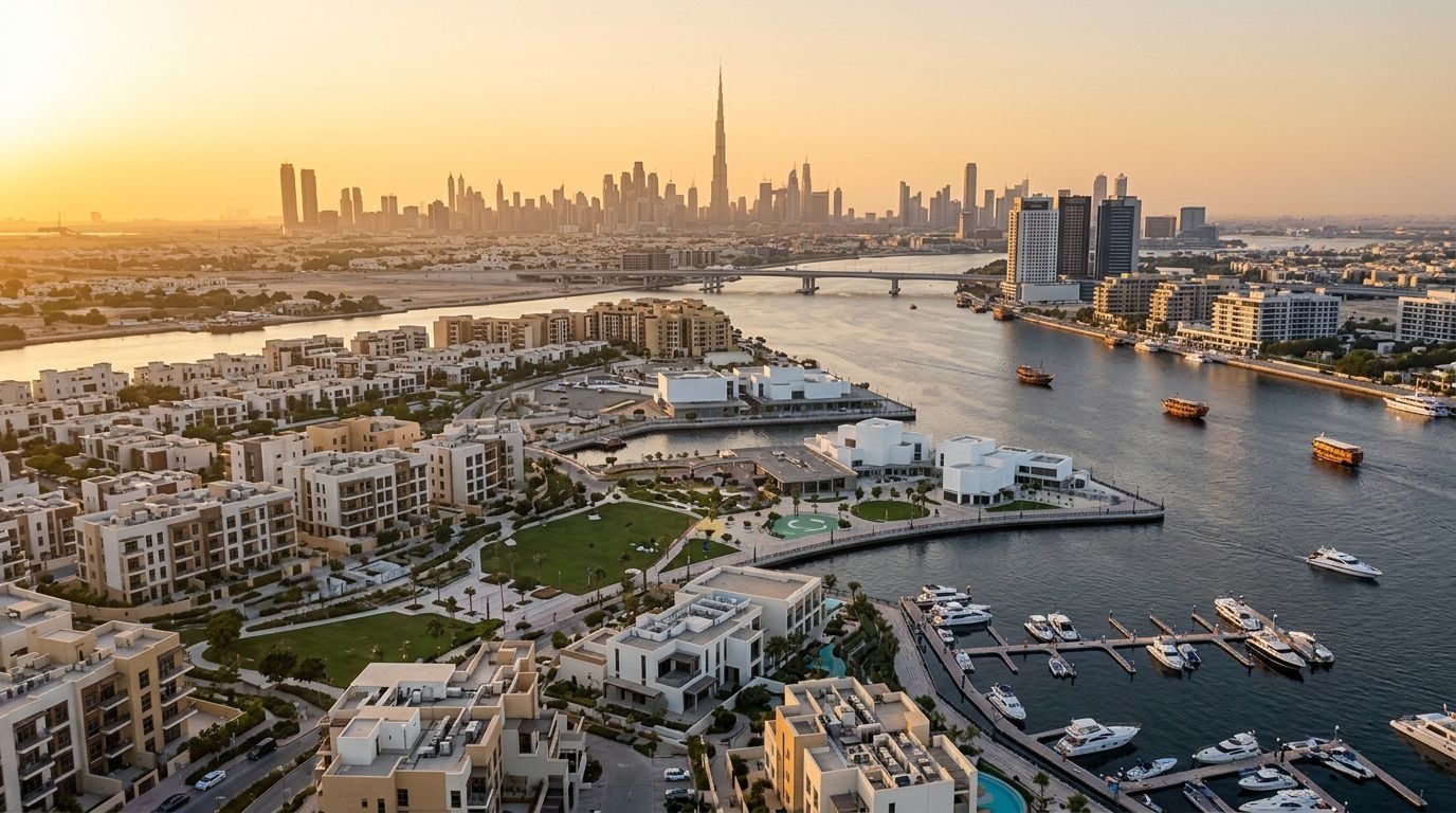 Nadwodna dzielnica Jaddaf Waterfront nad Dubai Creek o zachodzie słońca, ujęcie z lotu ptaka