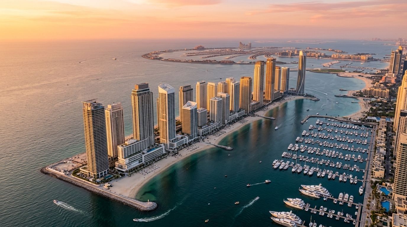 Nadmorskie apartamentowce Emaar Beachfront w Dubai Harbour o zachodzie słońca, widok na morze i marinę