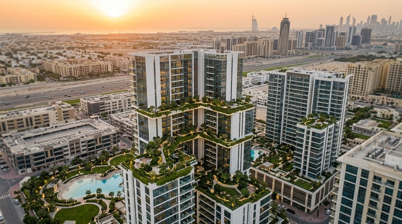 Zielona wieża Eden 2 by Meraki w Dubai Production City o zachodzie słońca
