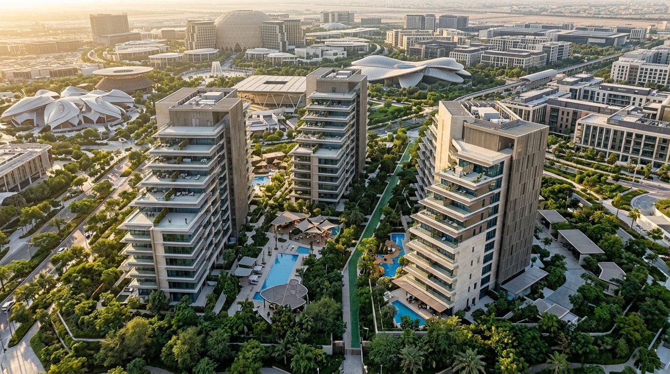 Apartamenty Sidr Residences wśród drzew i zieleni w Expo City Dubai o zachodzie słońca