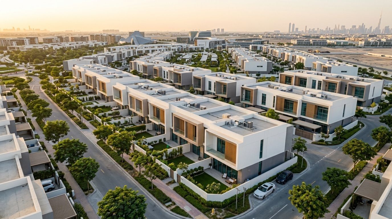 Lotniczy widok szeregowych domów Gardenia Townhomes z ogrodami o zachodzie słońca