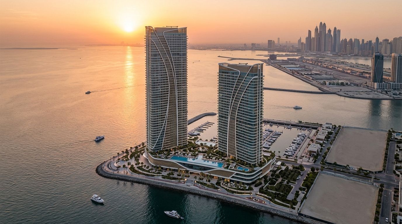 Nadmorskie wieże Orise na cyplu Dubai Maritime City o zachodzie słońca