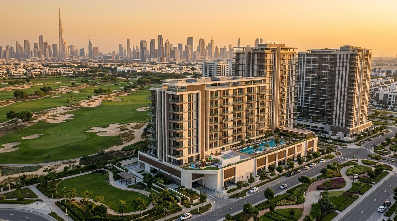 Kameralny budynek The Grove by Iman w zielonym Dubai Hills Estate o zachodzie słońca