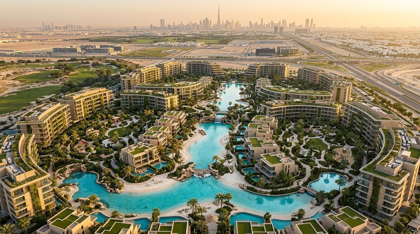 Zielone osiedle Verdania w Dubailand z lagunowymi basenami o zachodzie słońca