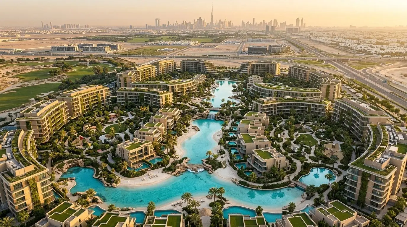 Zielone osiedle Verdania w Dubailand z lagunowymi basenami o zachodzie słońca