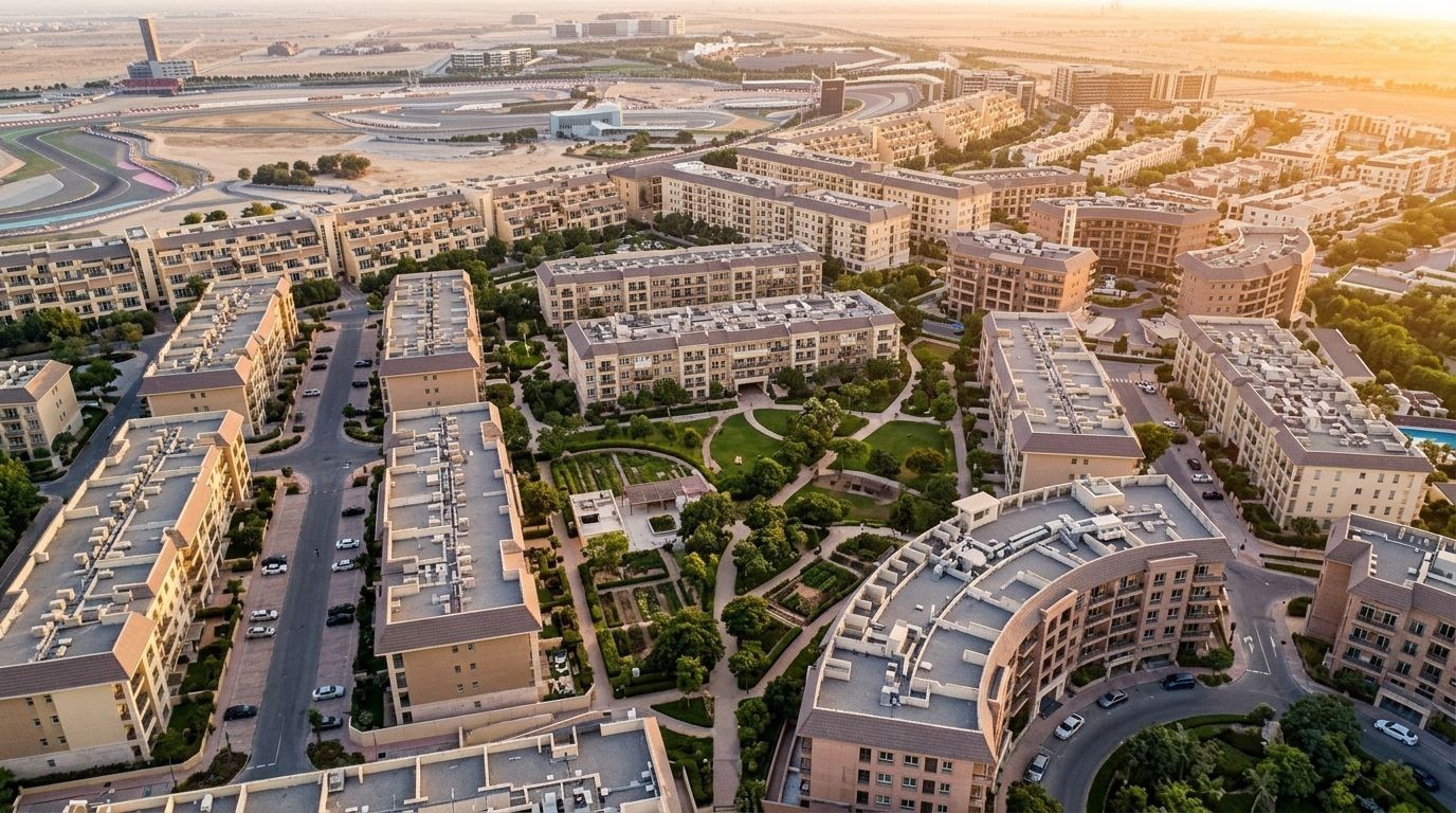 Lotniczy widok kameralnych apartamentowców i townhouse'ów Uptown Motorcity wokół centralnego placu o zachodzie słońca