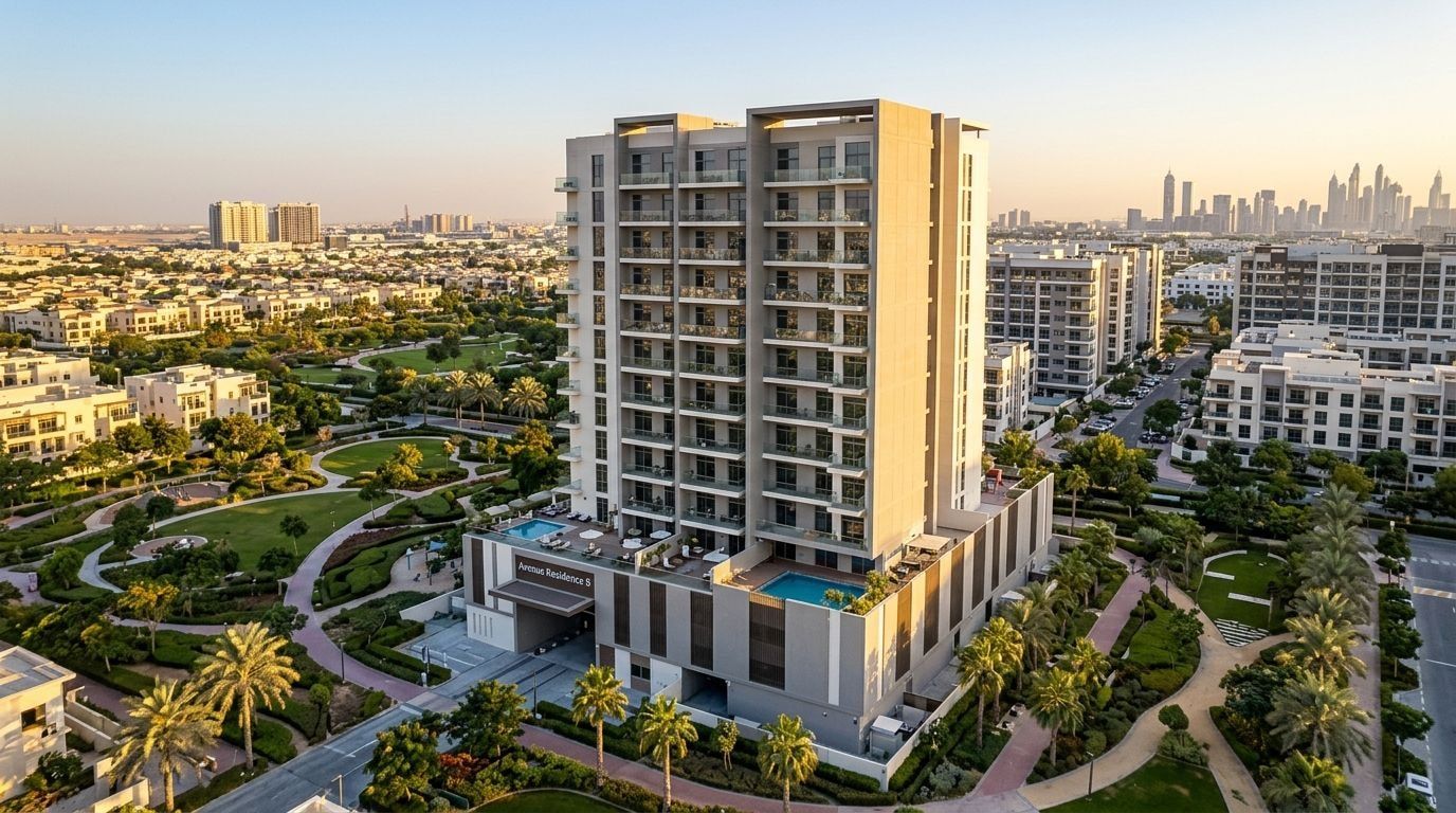 Nowoczesny budynek Avenue Residence 8 w Al Furjan o zachodzie słońca z lotu ptaka