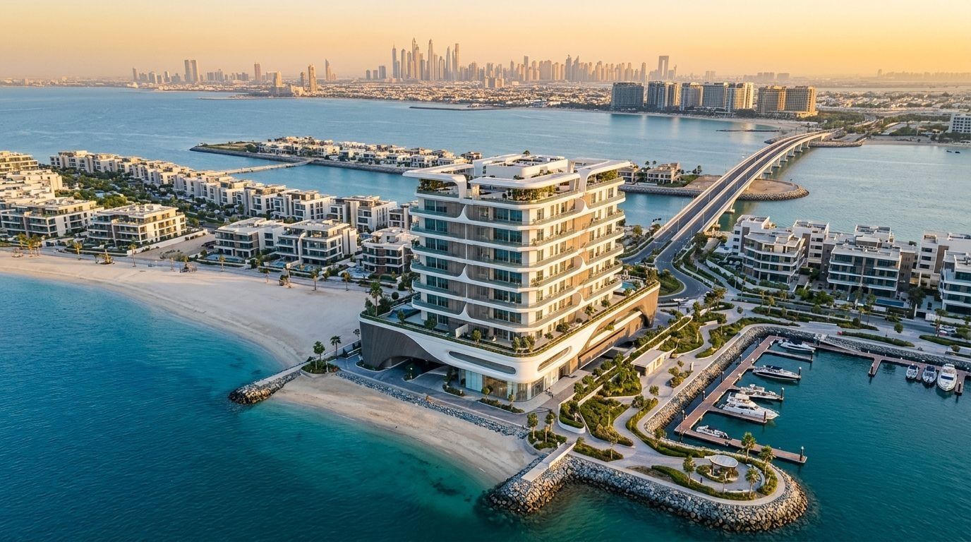 Lotniczy widok nadmorskiej rezydencji Natuzzi Harmony Residences na Dubai Islands o zachodzie słońca