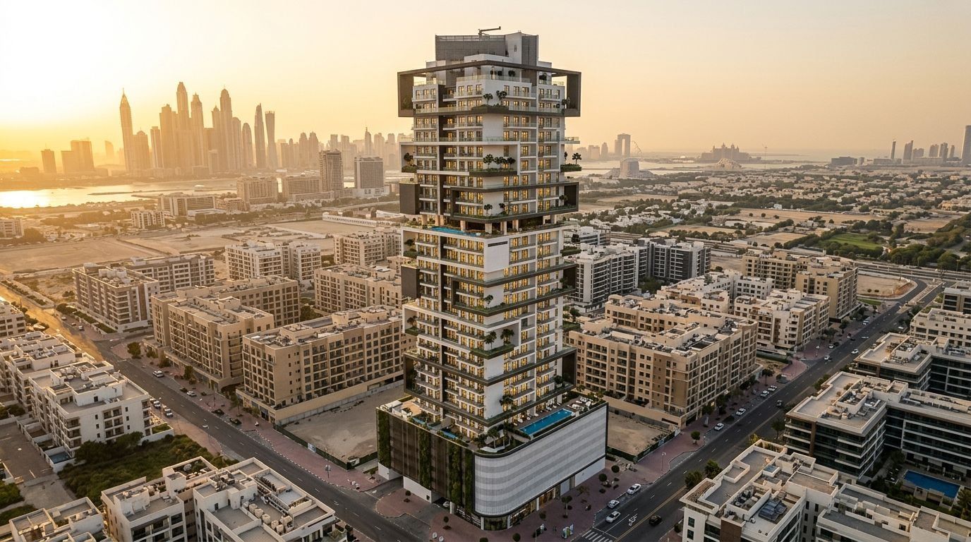 Wysoka wieża mieszkalna Treppan Tower w Jumeirah Village Triangle o zachodzie słońca