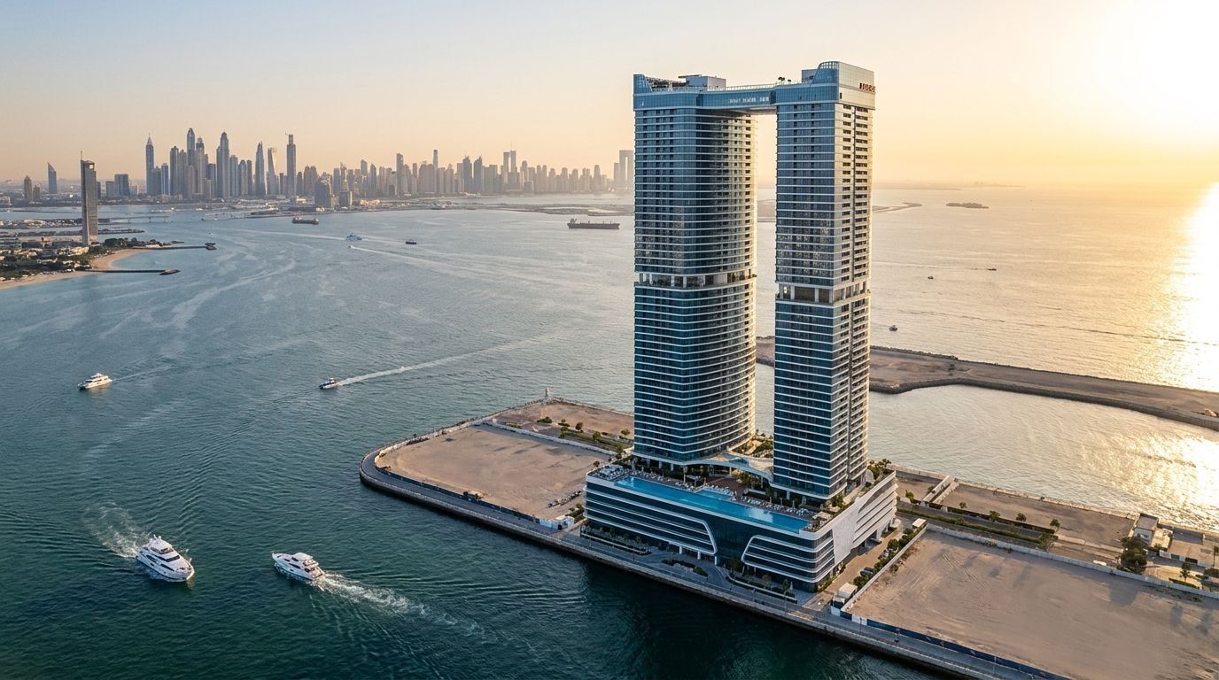 Lotniczy widok nadmorskich wież Danube Oceanz w Dubai Maritime City o zachodzie słońca