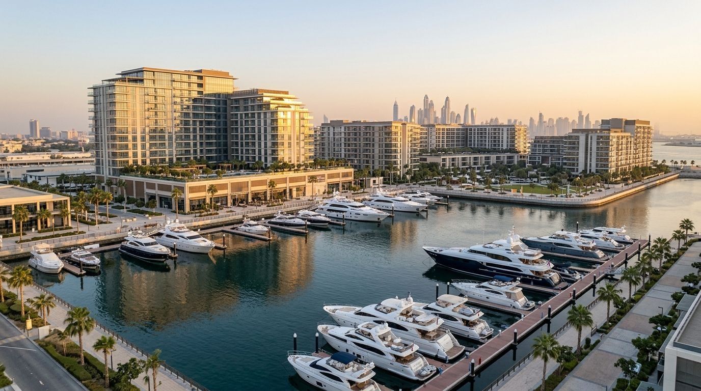 Nadmorskie rezydencje Rashid Yachts & Marina z przystanią jachtową o zachodzie słońca