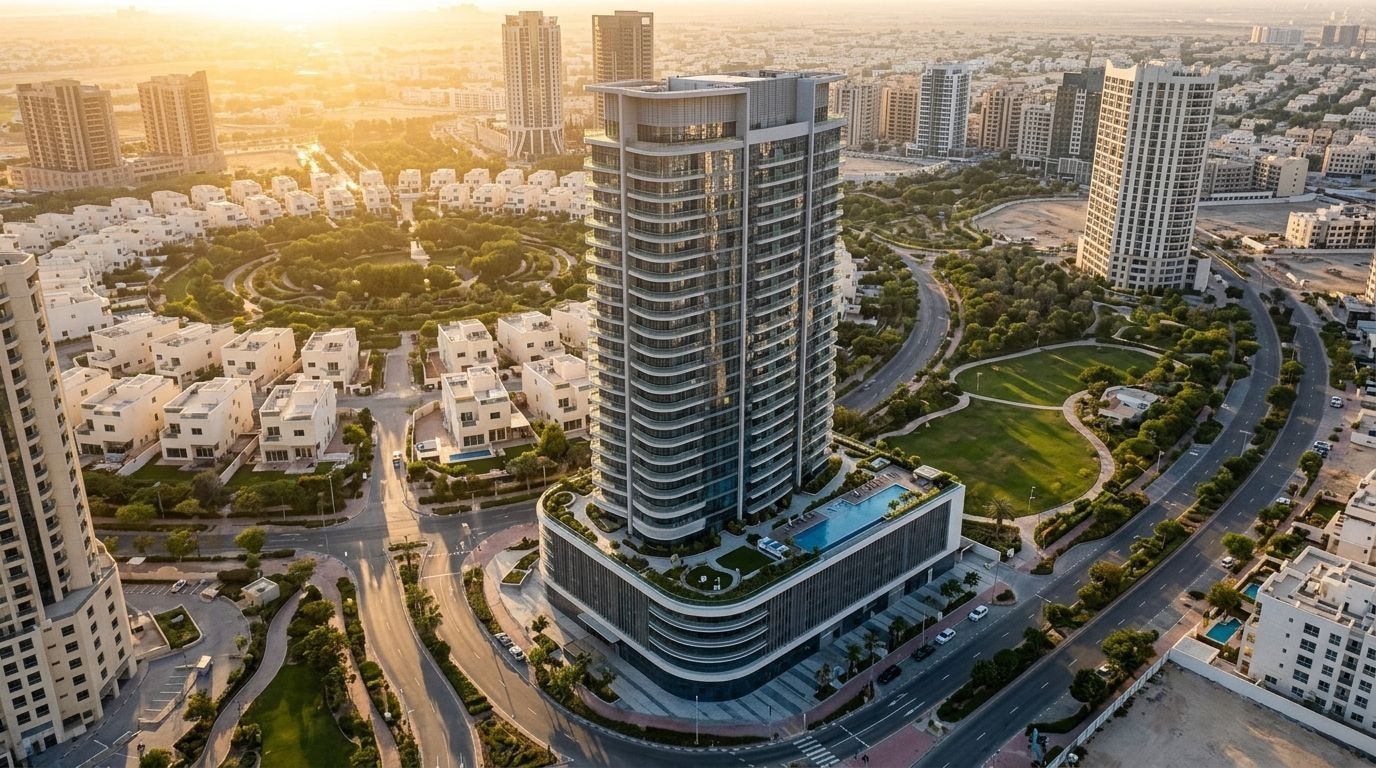 Nowoczesna wieża Mira Heights w Jumeirah Village Circle o zachodzie słońca
