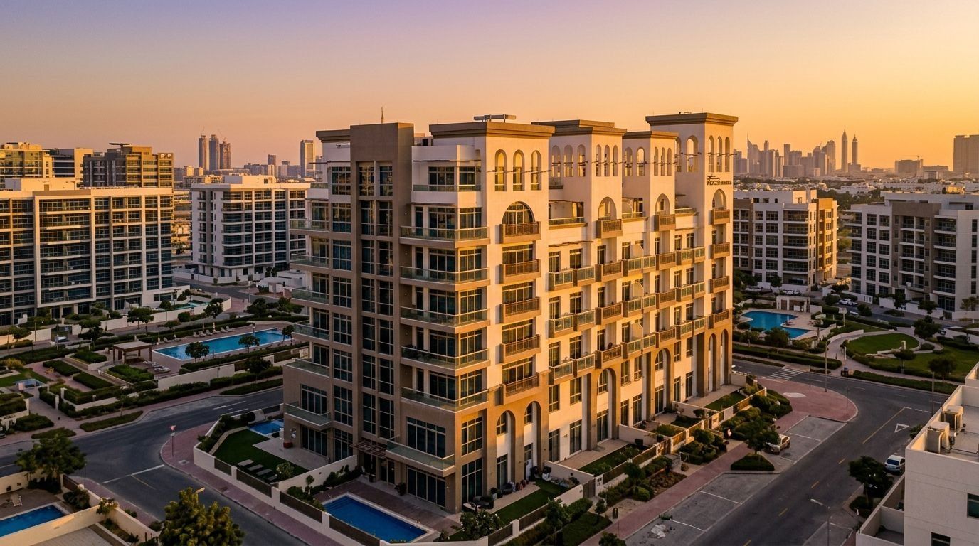 Gotowy nowoczesny apartamentowiec Plazzo Heights w JVC o zachodzie słońca