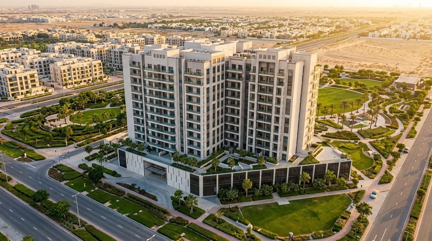 Nowoczesny budynek Avenue Residence 7 wśród zieleni w Al Furjan o zachodzie słońca z lotu ptaka