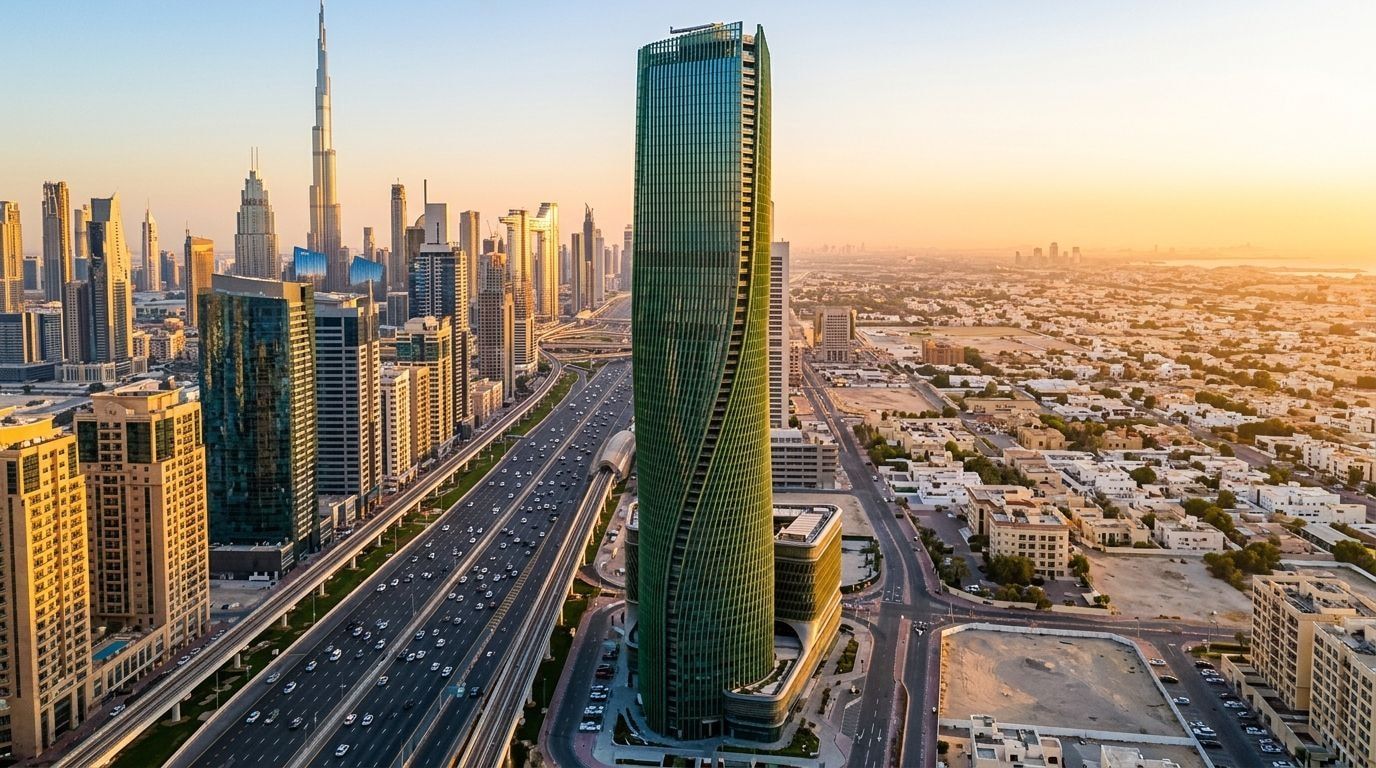 Smukła wieża wasl Tower z ozielenioną ceramiczną fasadą przy Sheikh Zayed Road o zachodzie słońca