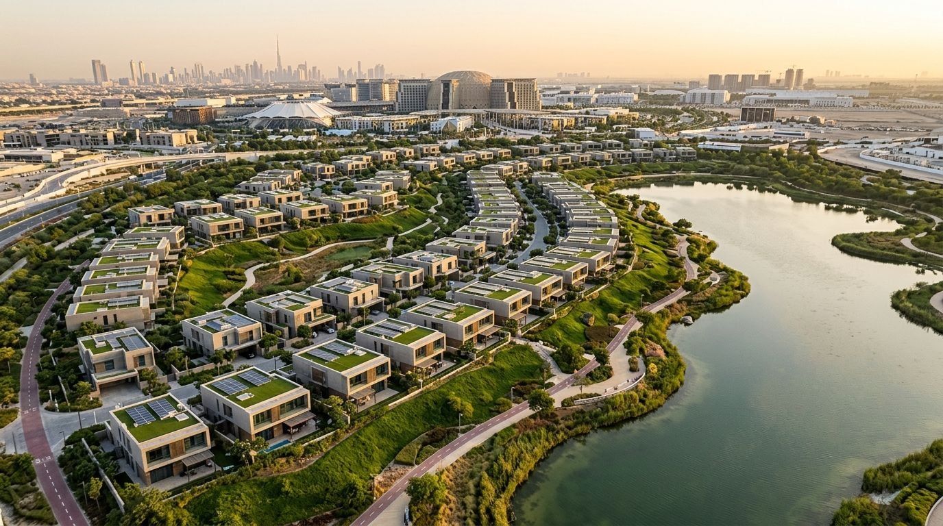 Willowe osiedle Expo Valley przy rezerwacie z jeziorem w Expo City Dubai o zachodzie słońca