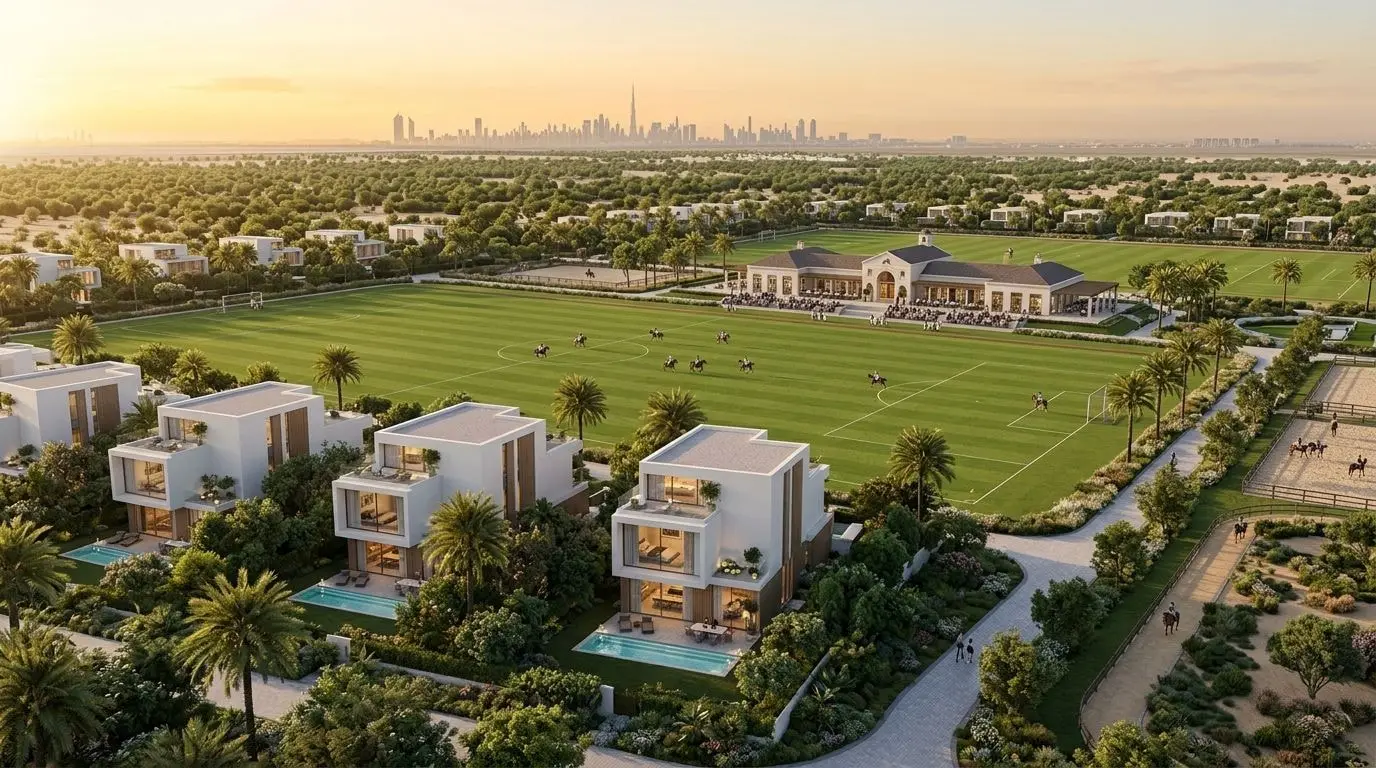 Luksusowa enklawa willowa Grand Polo Club and Resort z polami polo i zielenią o zachodzie słońca