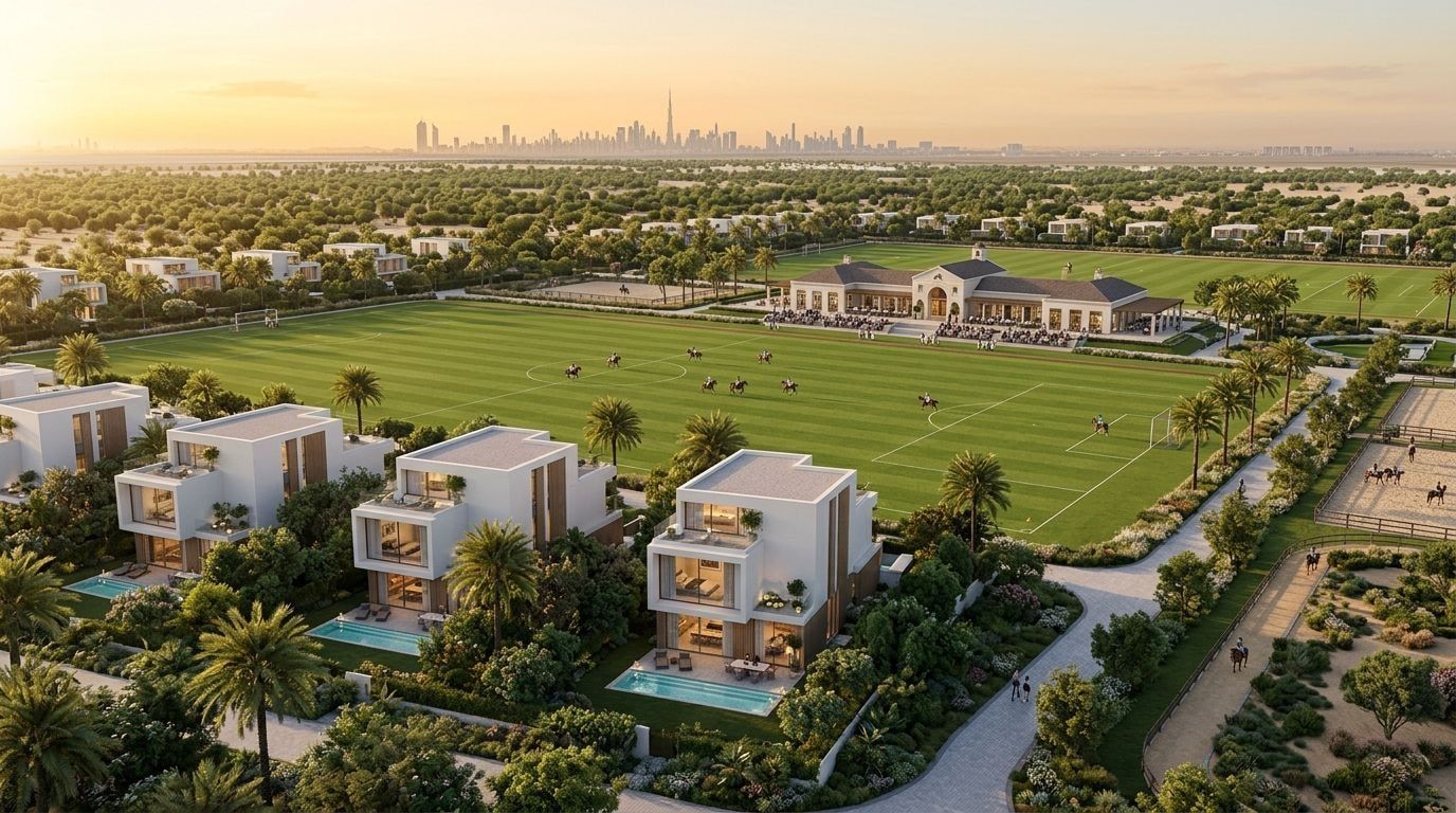 Luksusowa enklawa willowa Grand Polo Club and Resort z polami polo i zielenią o zachodzie słońca