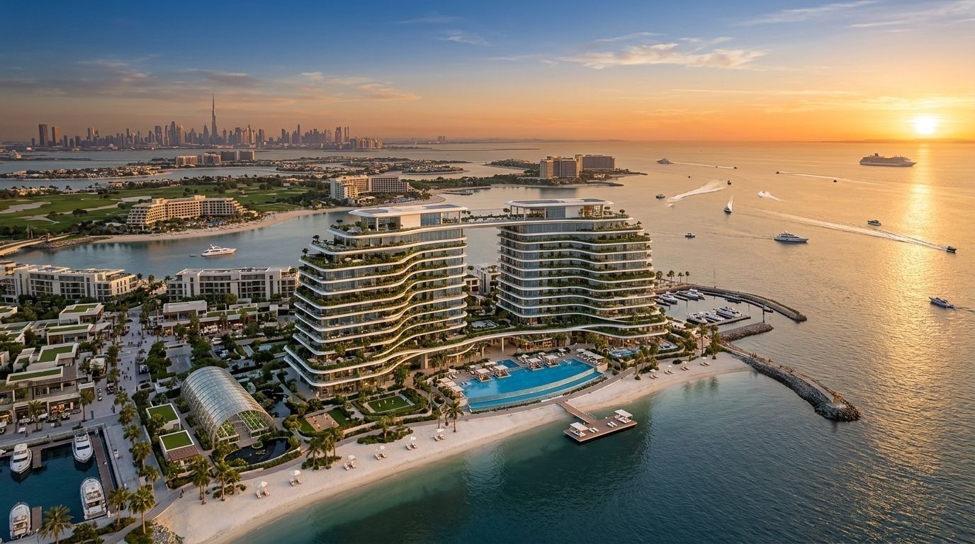 Nadmorska rezydencja Hatimi Residences na Dubai Islands z widokiem na Zatokę o zachodzie słońca