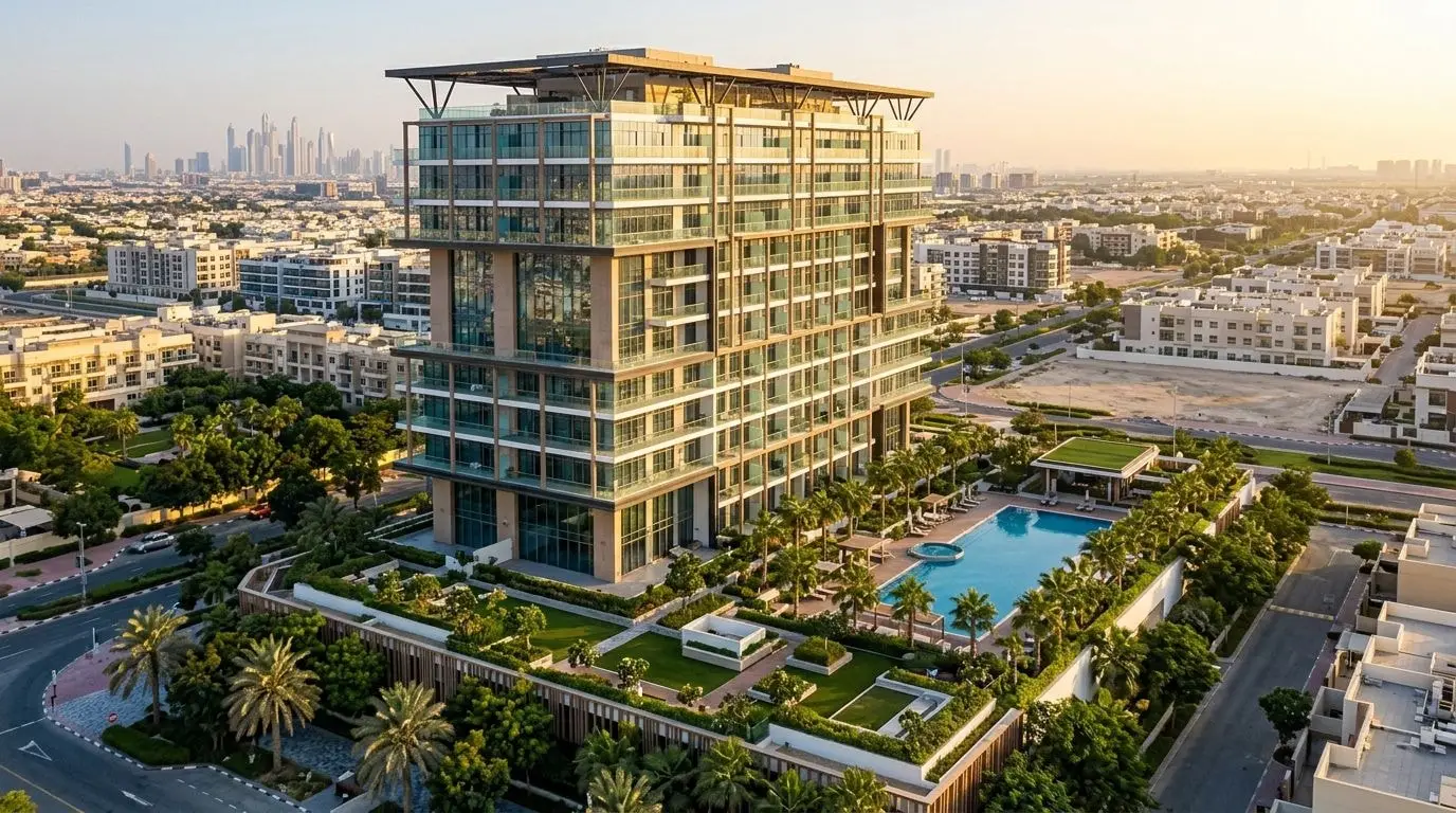 Elegancki apartamentowiec Empire Estates w Arjan wśród zieleni o zachodzie słońca