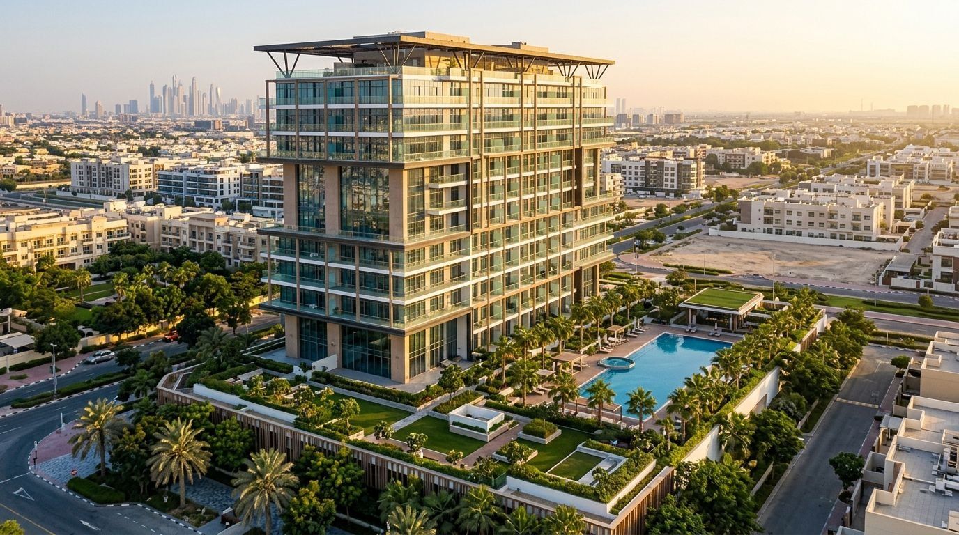Elegancki apartamentowiec Empire Estates w Arjan wśród zieleni o zachodzie słońca