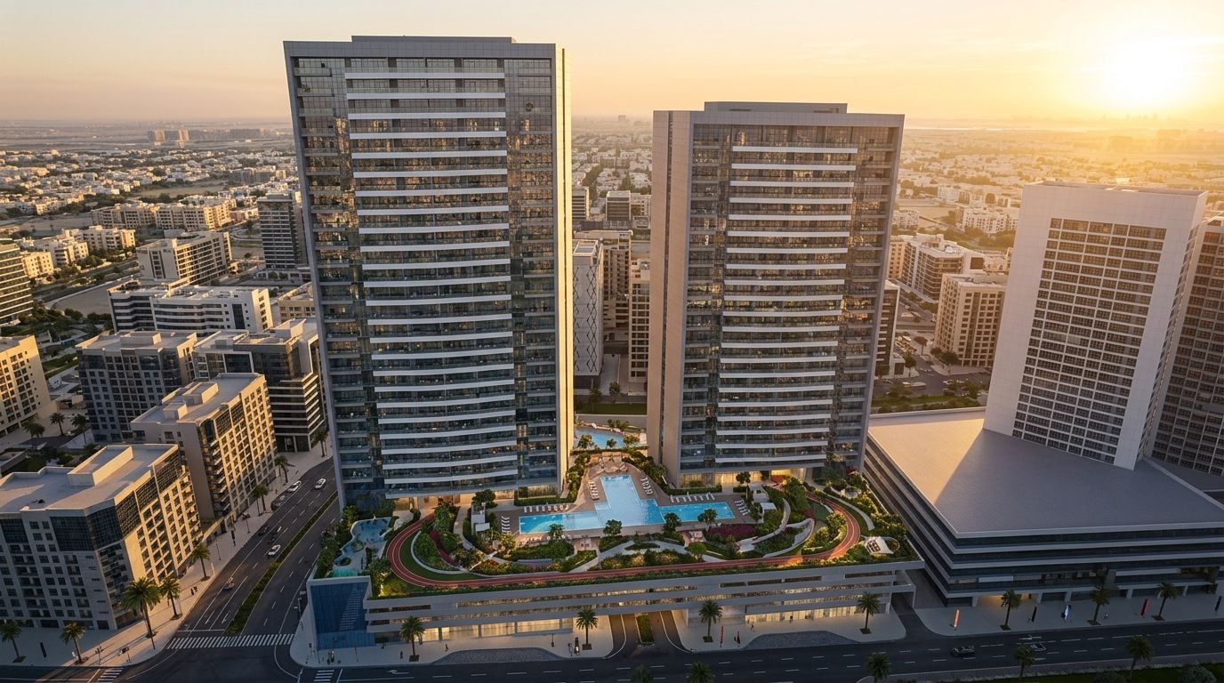 Lotniczy widok dwóch mieszkalnych budynków Bloom Heights z zielonym tarasem w Jumeirah Village Circle o zachodzie słońca