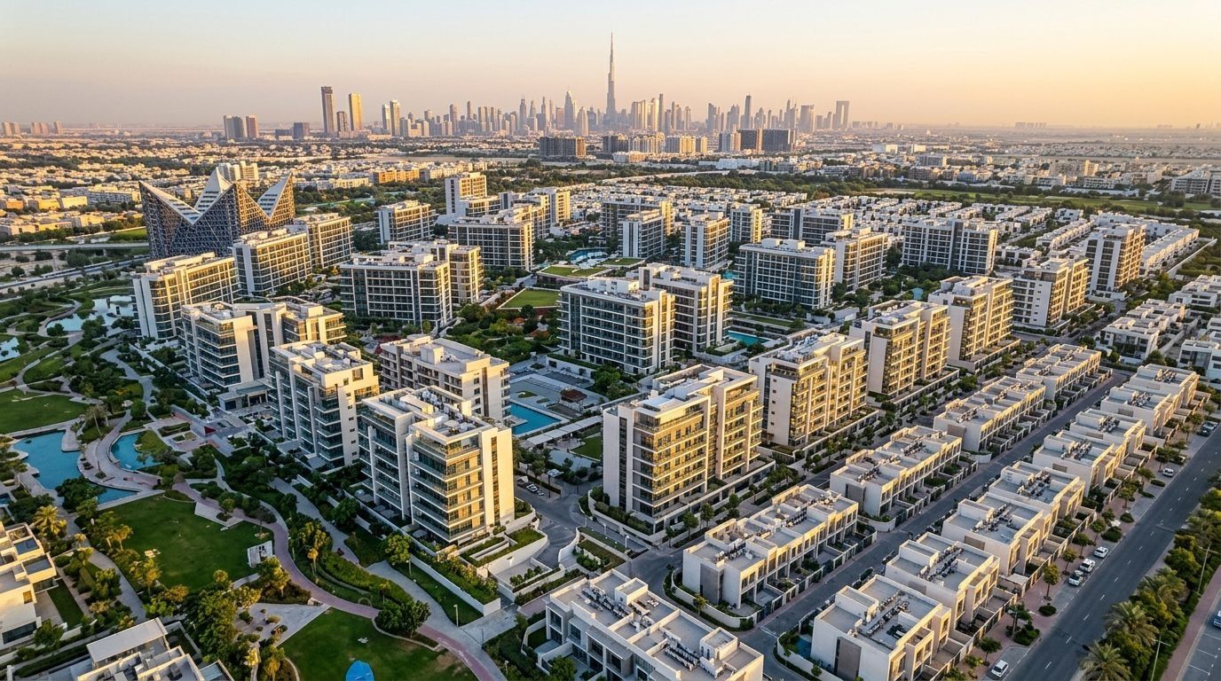 Nowoczesna dzielnica MAG City z budynkami apartamentowymi i zielenią w MBR City o zachodzie słońca, ujęcie z lotu ptaka