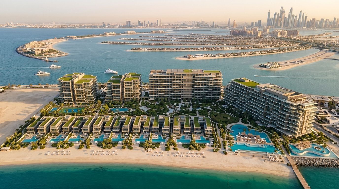 Lotniczy widok rezydencji wellness Six Senses na crescent Palm Jumeirah o zachodzie słońca