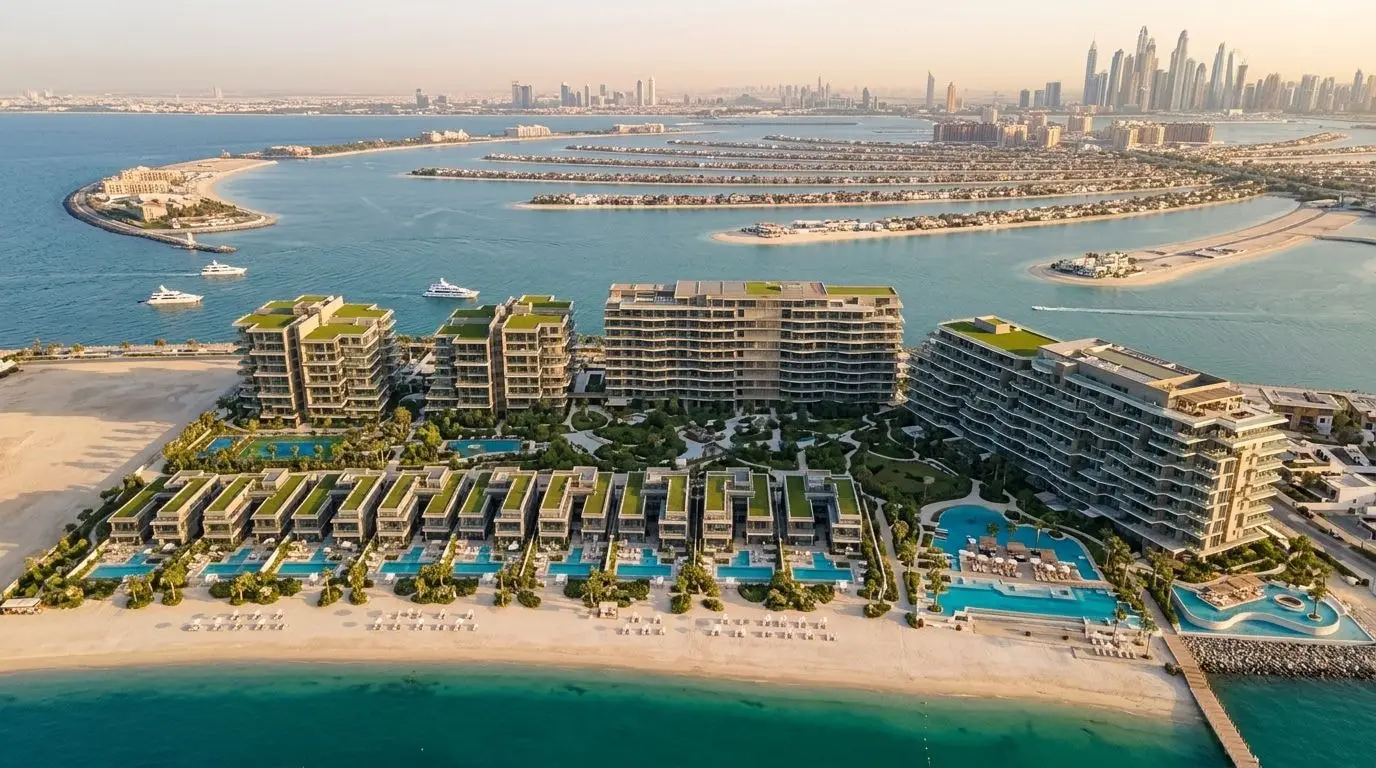 Lotniczy widok rezydencji wellness Six Senses na crescent Palm Jumeirah o zachodzie słońca