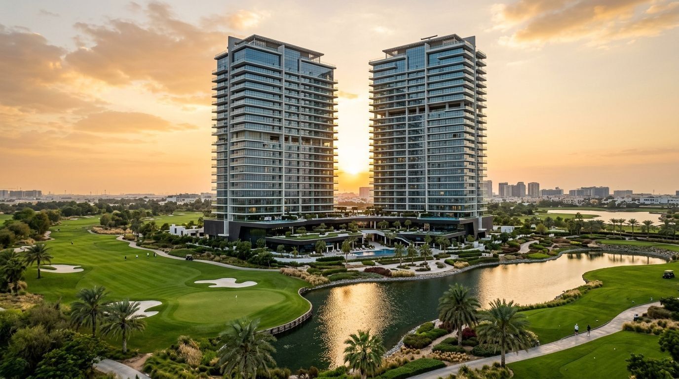 Nowoczesne wieże Golf Greens by DAMAC nad zielonym polem golfowym w DAMAC Hills o zachodzie słońca