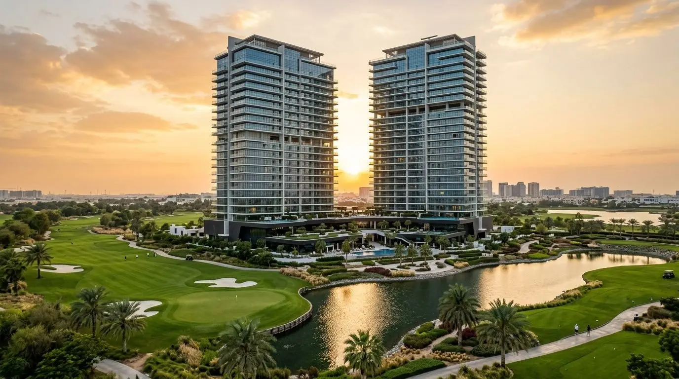 Nowoczesne wieże Golf Greens by DAMAC nad zielonym polem golfowym w DAMAC Hills o zachodzie słońca