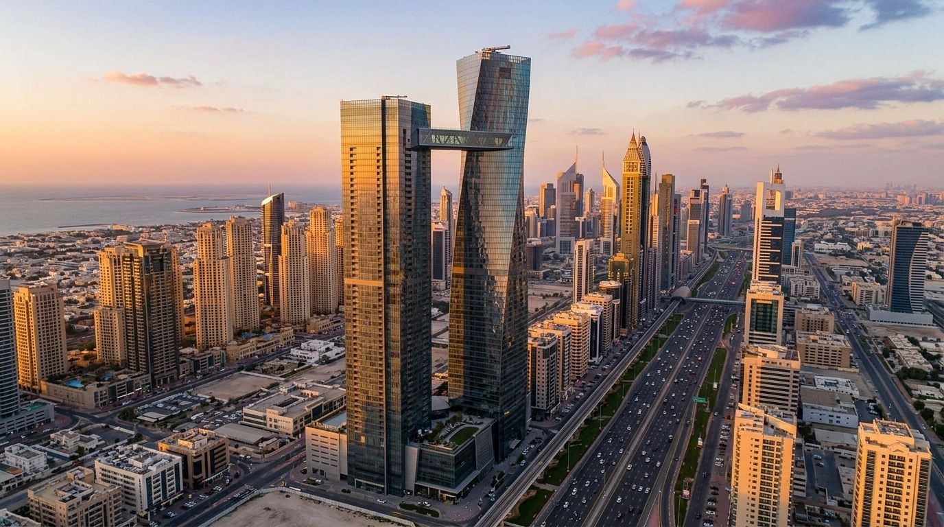 Wysoki wieżowiec Trump International przy Sheikh Zayed Road o zachodzie słońca