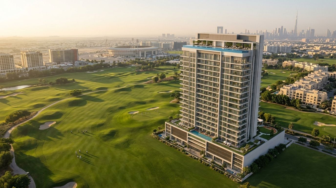 23-piętrowa wieża Golf Residences przy polu golfowym w Dubai Sports City o zachodzie słońca