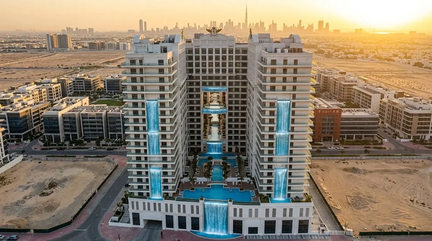 Nadwodny apartamentowiec Vincitore Aqua Dimore w Dubai Science Park o zachodzie słońca