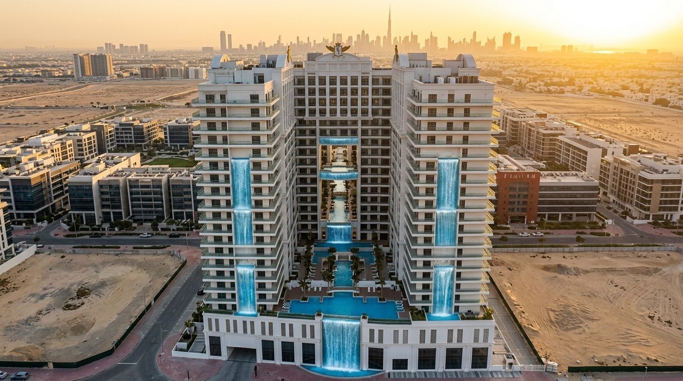 Nadwodny apartamentowiec Vincitore Aqua Dimore w Dubai Science Park o zachodzie słońca