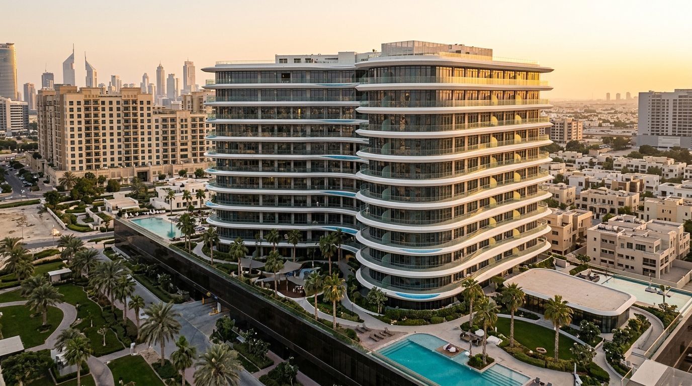 Druga faza budynku Trussardi Residences w Al Furjan o zachodzie słońca