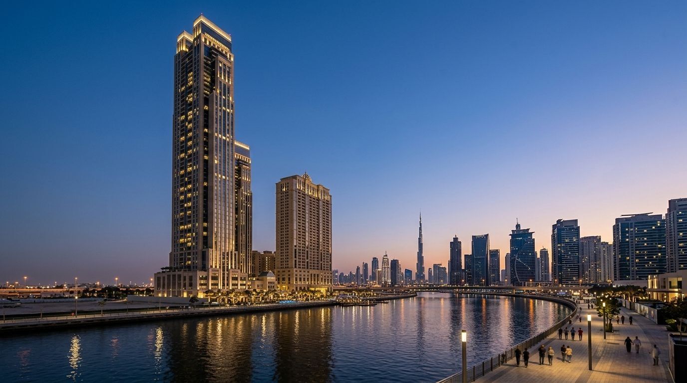 Wieża Amna Tower w Al Habtoor City nad Dubai Water Canal o zmierzchu